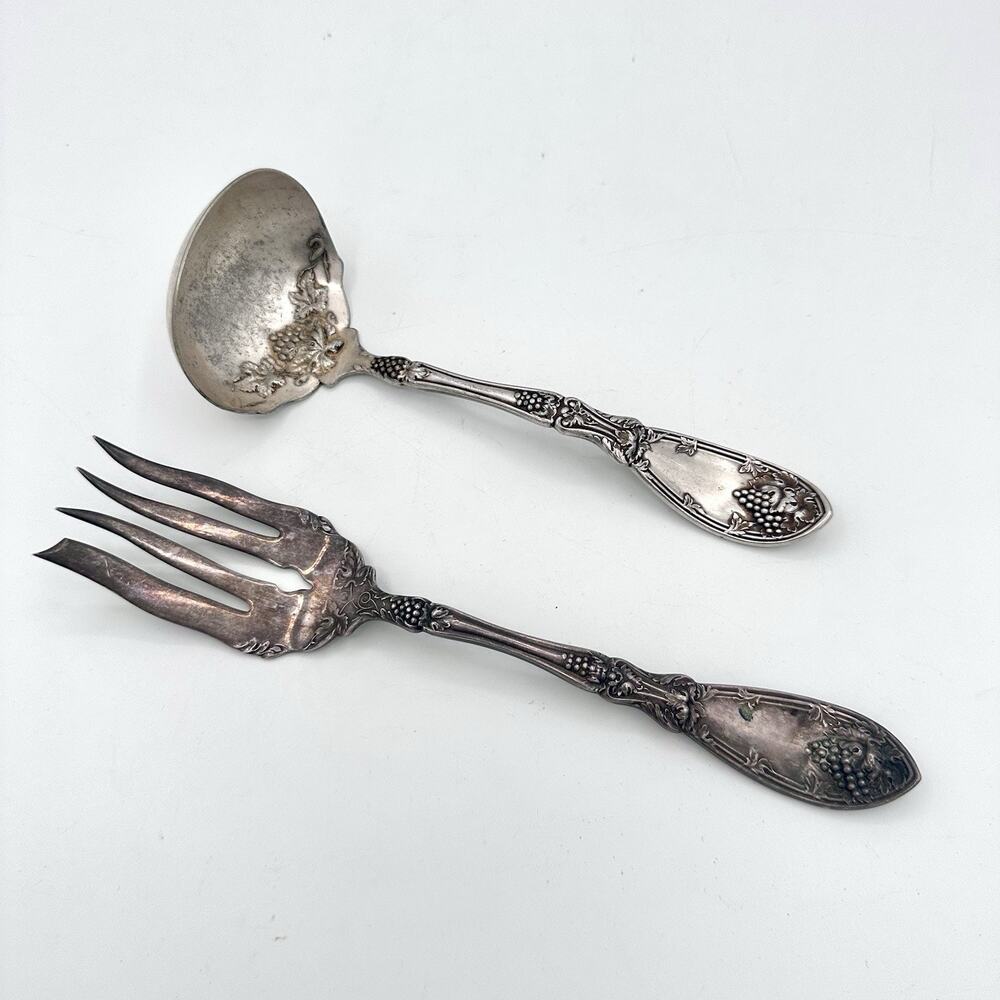 1881 Rogers A1 Silver Plate La Vigne Grapes Soup Gravy Ladle & Meat Fork 8.25”